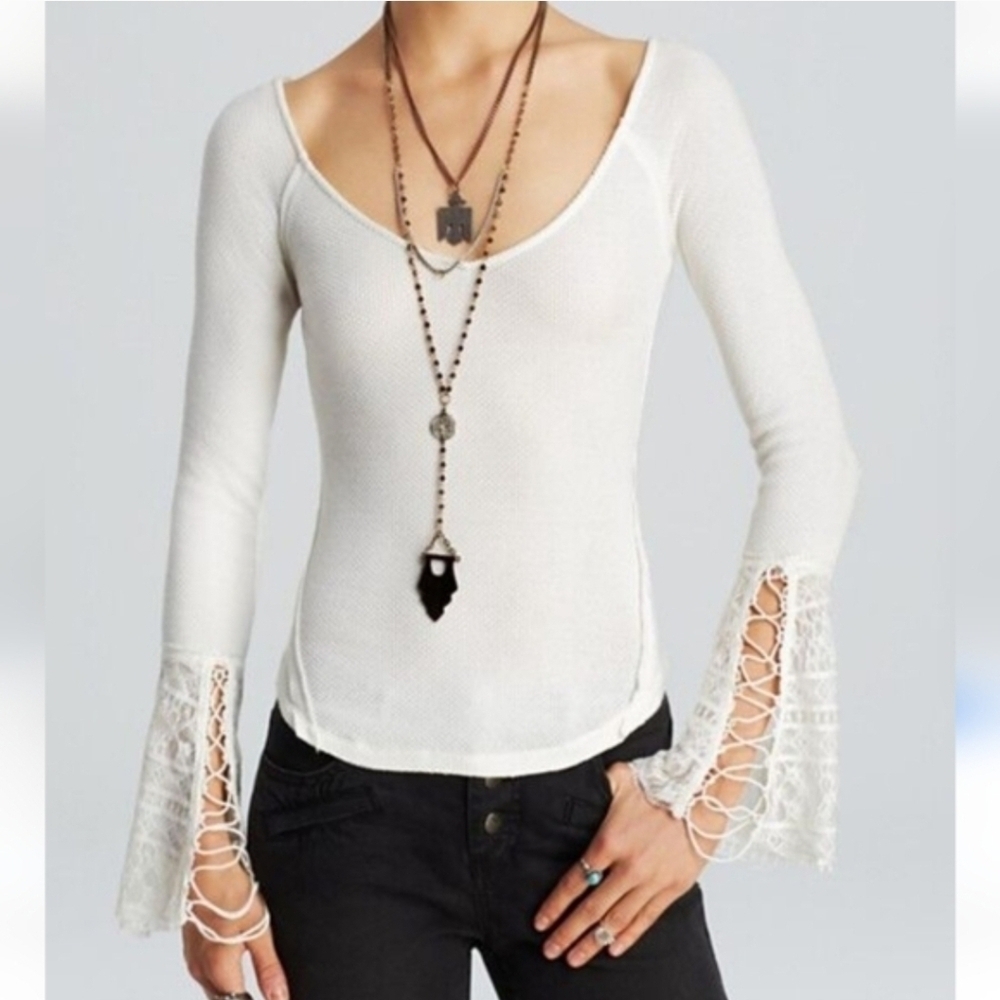 Free People Juliet Thermal Lace Cuff Top in Ivory Size Large